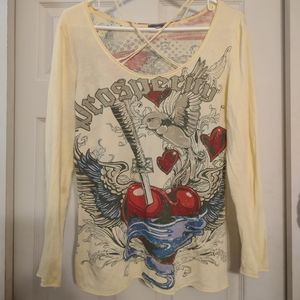 Vintage Woman Yellow Y2K Arm Candy Tattoo Long Sleeve Shirt Size Medium